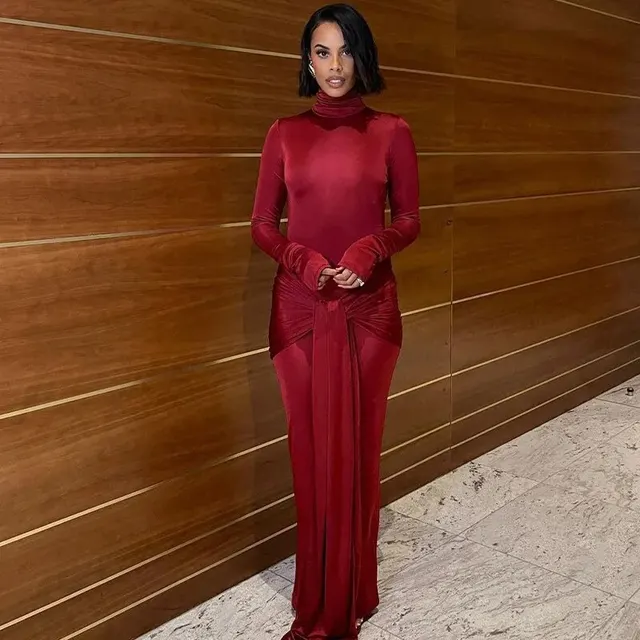 Hawthaw Women 2024 Wiosna Jesień Elegancka Długi Rękaw Party Club Streetwear Bodycon Czerwona Długa Sukienka Hurtownia Artykułów Dla Biznesu