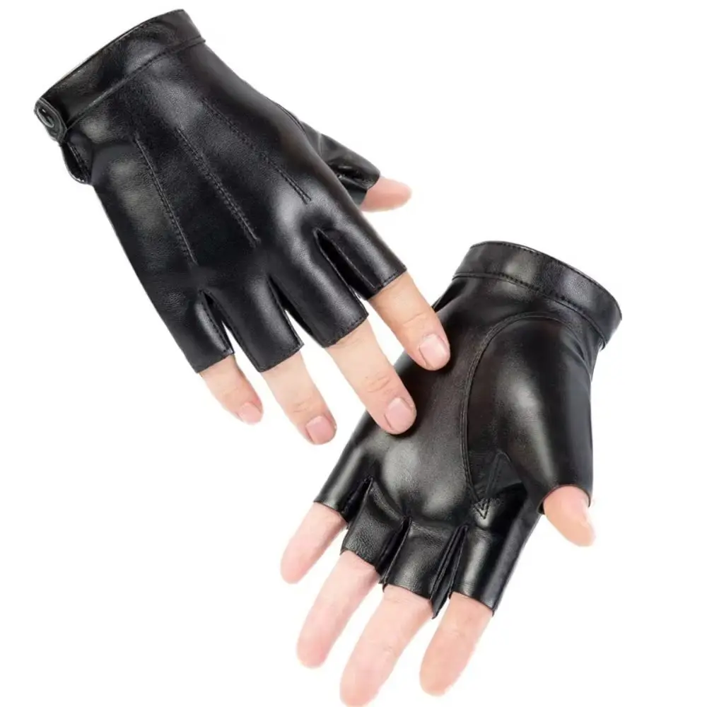 Fashion Punk PU Driving Gloves Button Design Cool Half Finger Gloves Breathable Anti-Slip Fingerless Mittens Gym Fitness