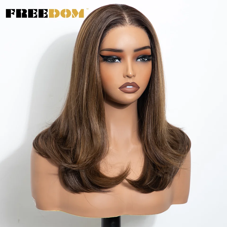 FREEDOM 13X3 Synthetische Lace-Front-Perücken für Damen, 16" Ombre-Braun mit Highlights, geschichtet, gewellt, vorgezupfter Haaransatz, Perücken für den täglichen Gebrauch – Detail 4