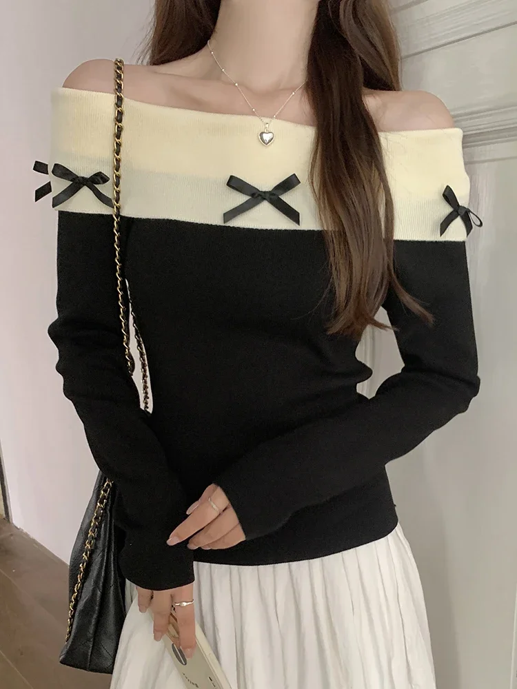 

Korean Fashion Autumn New Women Tops Bow Design Knitted Slash Neck Long Sleeve Off Shoulder Patchwork Sweater Pullover
