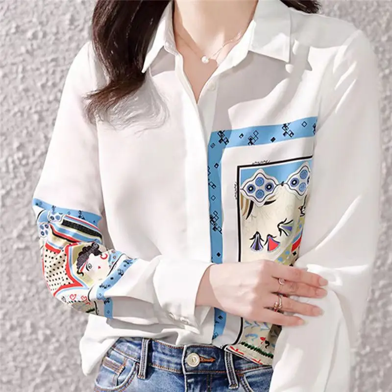 봄 한국 스타일 루즈핏 프린트 롱 슬리브 여성 쉬폰 셔츠 트렌디 디자인 캐주얼 편안한 폴리에스터 혼방