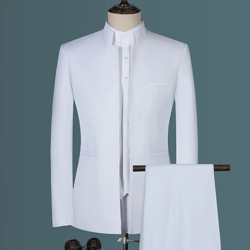 Conjunto de traje informal de 3 piezas para hombre, chaqueta, abrigo, pantalones, chaleco, color blanco, Boutique, estilo chino