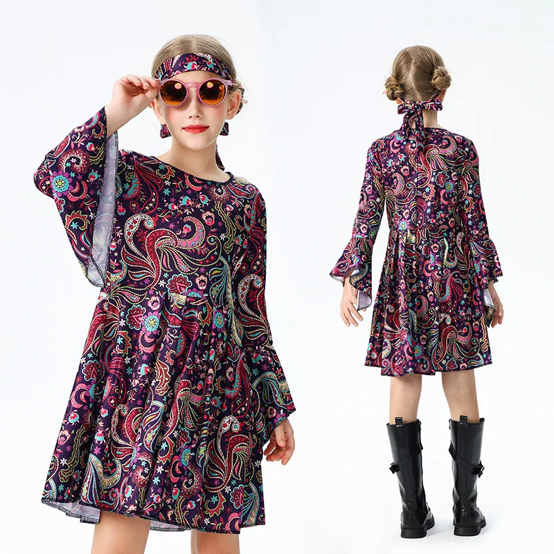 Halloween Cospaly Costumes Girl Funny Retro Hong Kong Style Hippie Party Performance Dress Spooky Stage Wear 3-8 Years