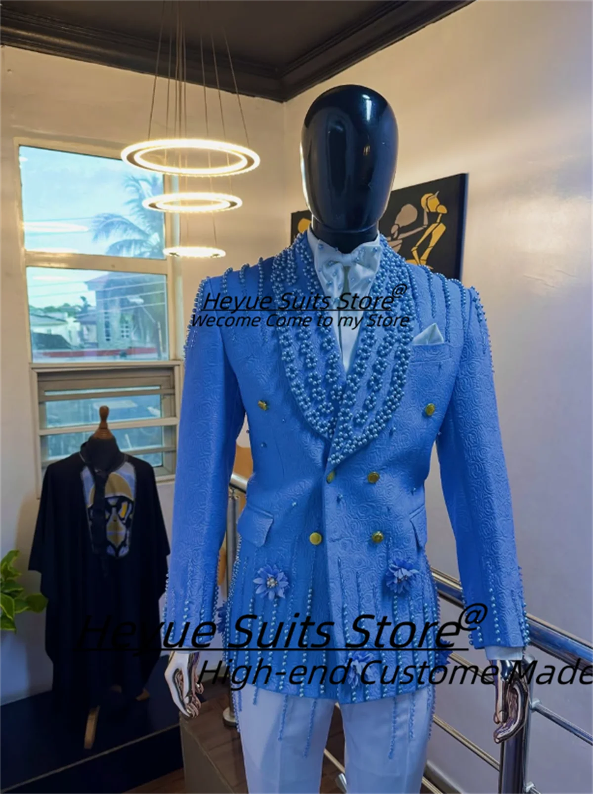 

Luxuly Blue Fashion Men Suits Customized Slim Fit Double breasted Groom Wedding Tuxedos 2 Pcs Sets Male Prom Blazers Ropa Hombre