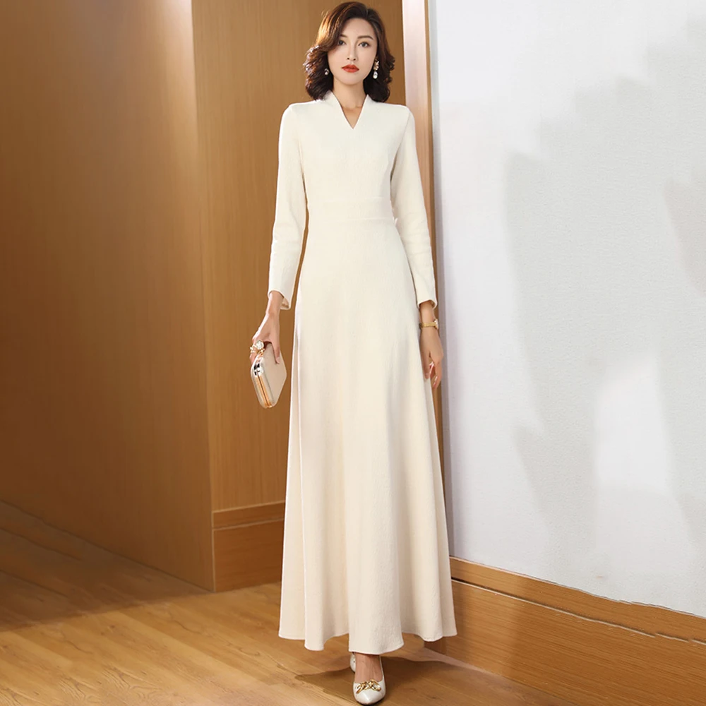 New Women Spring Autumn Beige Long Dress Fashion V-Neck Long Sleeve Slim Thick Dress Elegant Overlength Pullover Dress