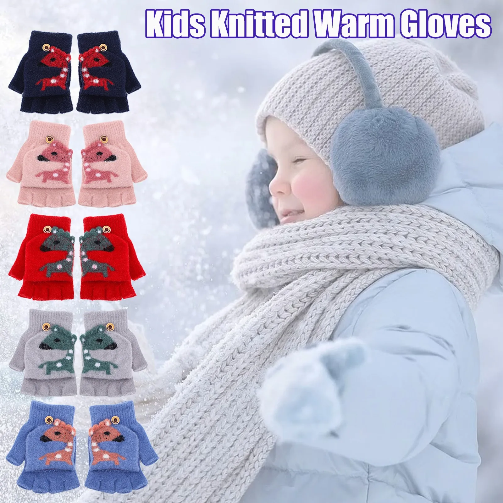 

Ages 5-12 Years Children Flip Mittens Top Fingerless Gloves Winter Warm Thickened Cute Cartoon Animal Pattern Knitted Gloves