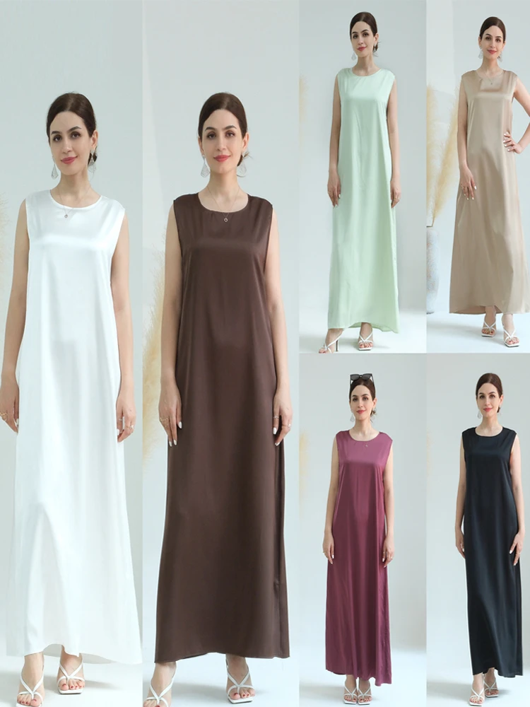 Czarna biała satynowa jedwabista połyskująca sukienka pod abają Dubai Luxury 2024 Summer Women Turkey Islam Muslim Robe Vestidos Musulmanes