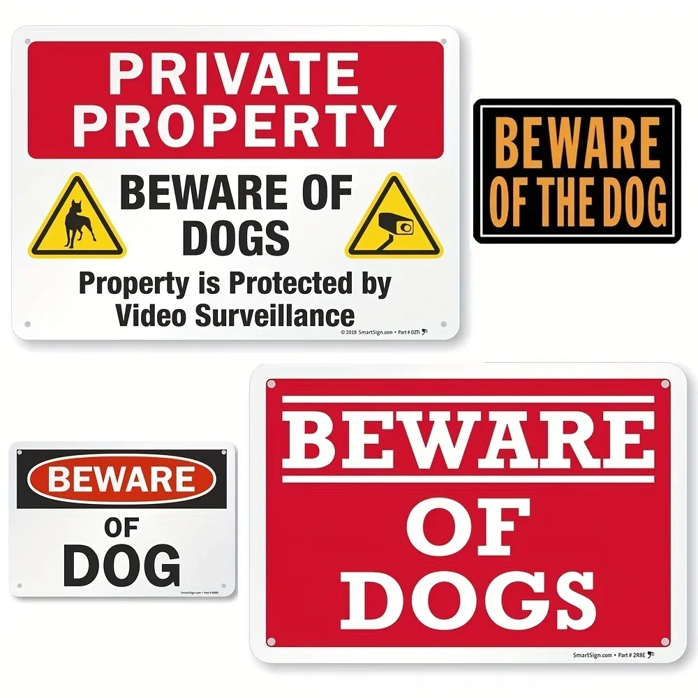 1pc Metal Tin Sign Beware Of Dog Sign Private Property Beware Of Dogs, Property Protected By Video Surveillance Metal Signs