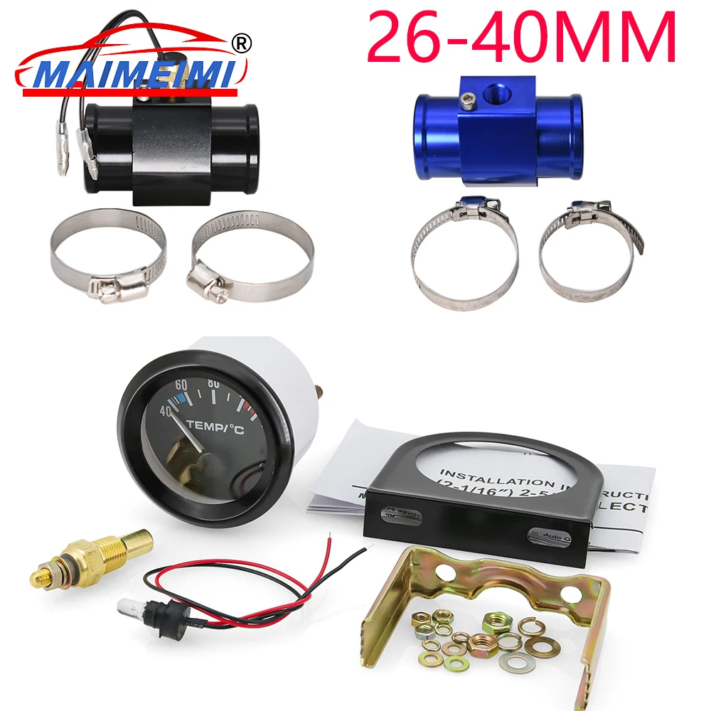 

12V Auto Instrument Black Bezel 40-120 Celsius Water Temperature Gauge with 26mm-40mm Adaptor Joint Pipe Radiator