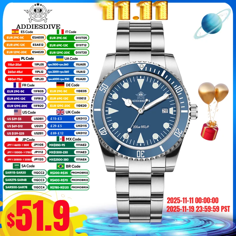 Addiesdive 39 مللي متر ساعة كوارتز رجالية BGW9 سوبر مضيئة 20Bar مقاوم للماء تاريخ السيراميك الحافة 316L الفولاذ المقاوم للصدأ غواص الساعات