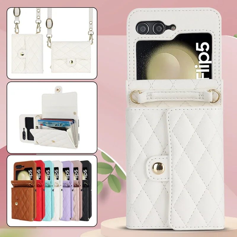 

Для Samsung Galaxy Z Flip5 4 3 Huawei P50 Карманный OPPO Find N2 N3Flip Moto Razr 40 40 Ultra Vivo X откидной бумажник с ремешком кожаный чехол