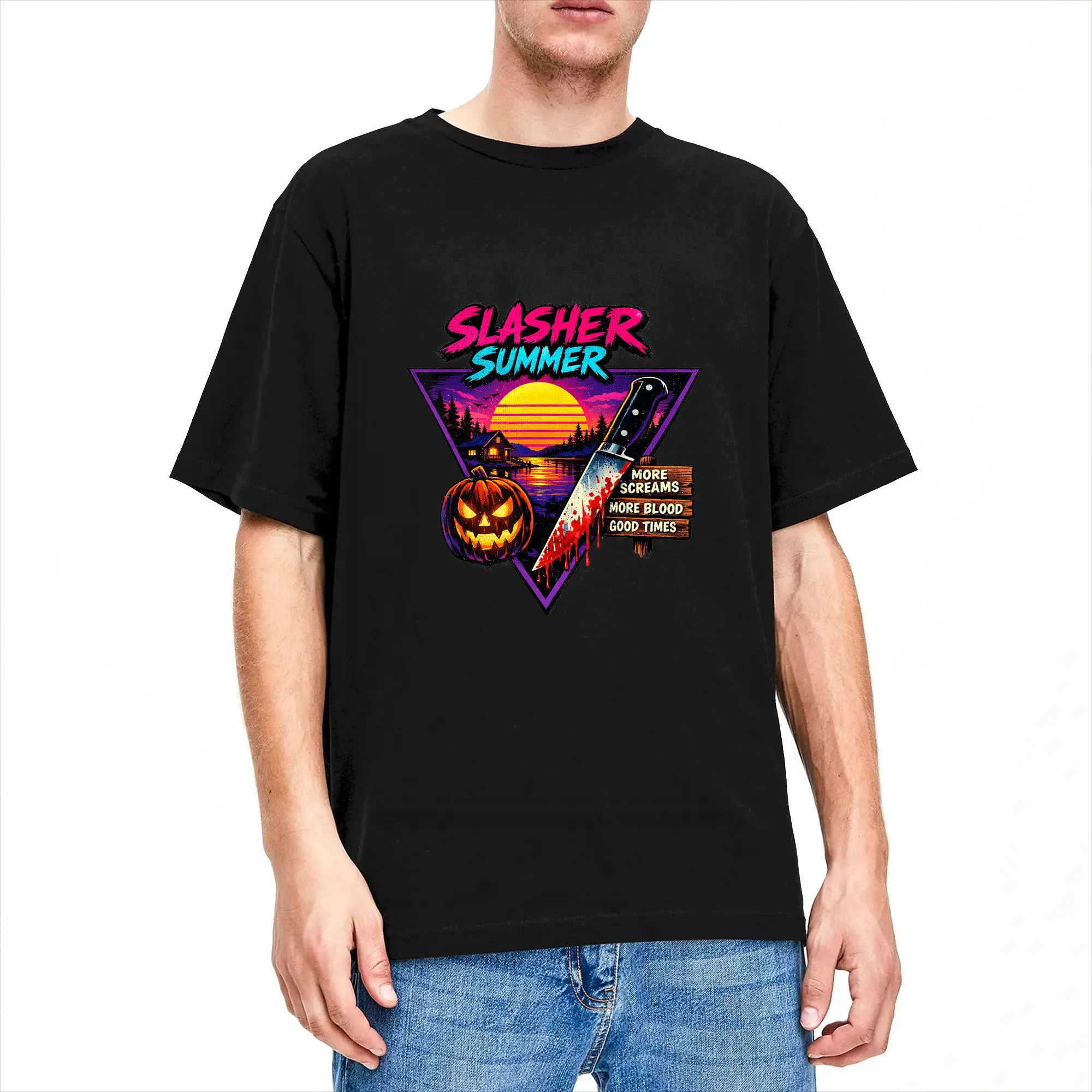 Slasher Summer Retro Horror Camp 80s Spooky Summerween Cotton T Shirt For Men's Summer  Classic T Shirts O Neck Trending Tees