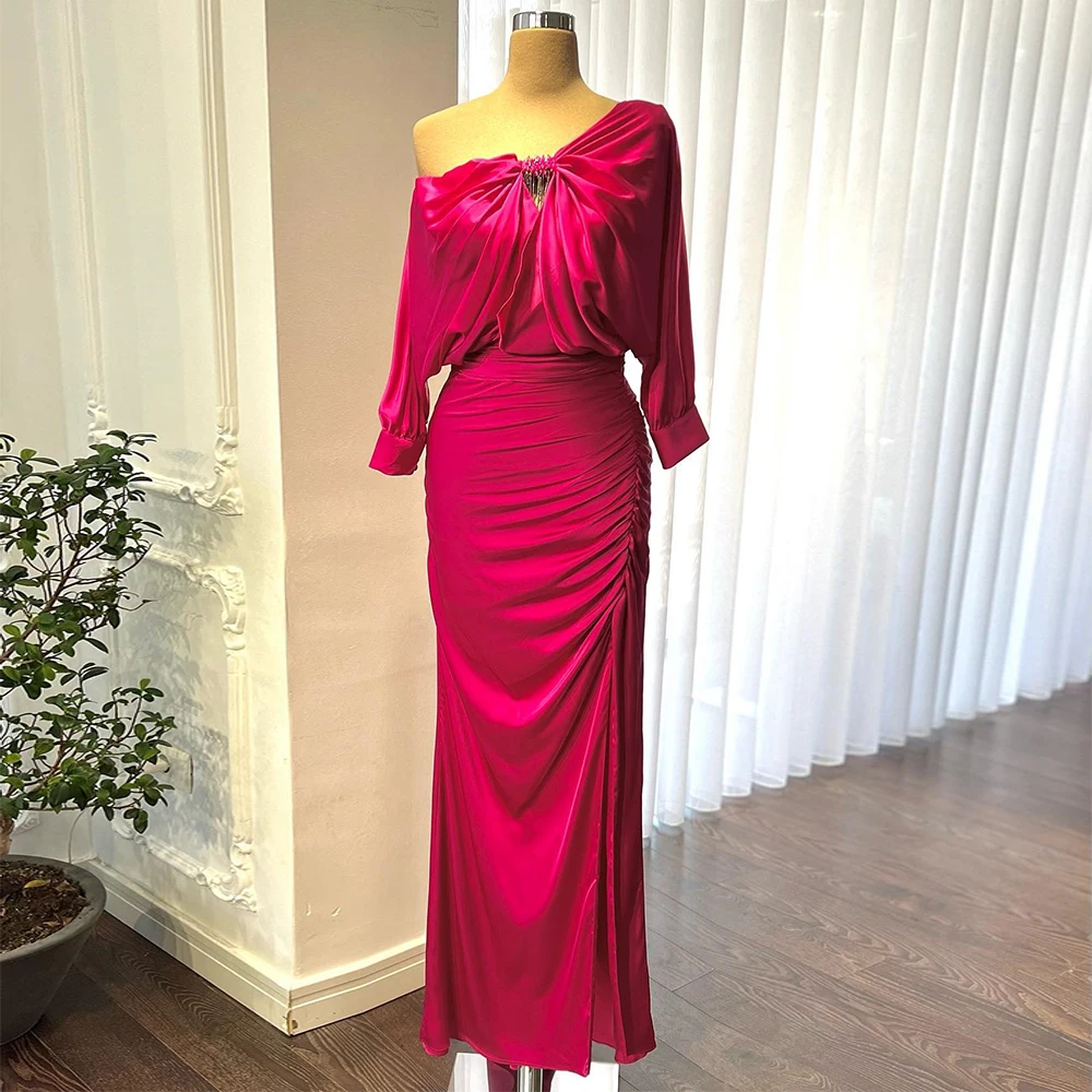 

Fuchsia Chiffon Satin Prom Dress for Women One Shoulder Mermaid Gown Long 3/4 Sleeves Side Split Floor Length Evening