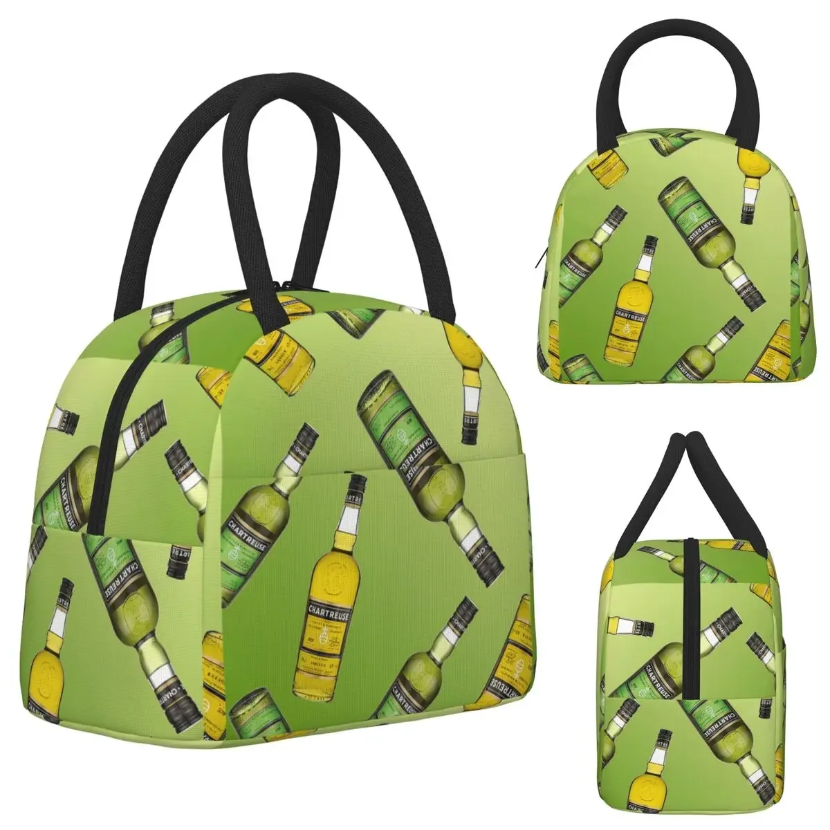 Green Chartreuse Bottle Oil Painting Drink Insulated Lunch Bag for Women Office Cooler Thermal  Lunch Boxes Container