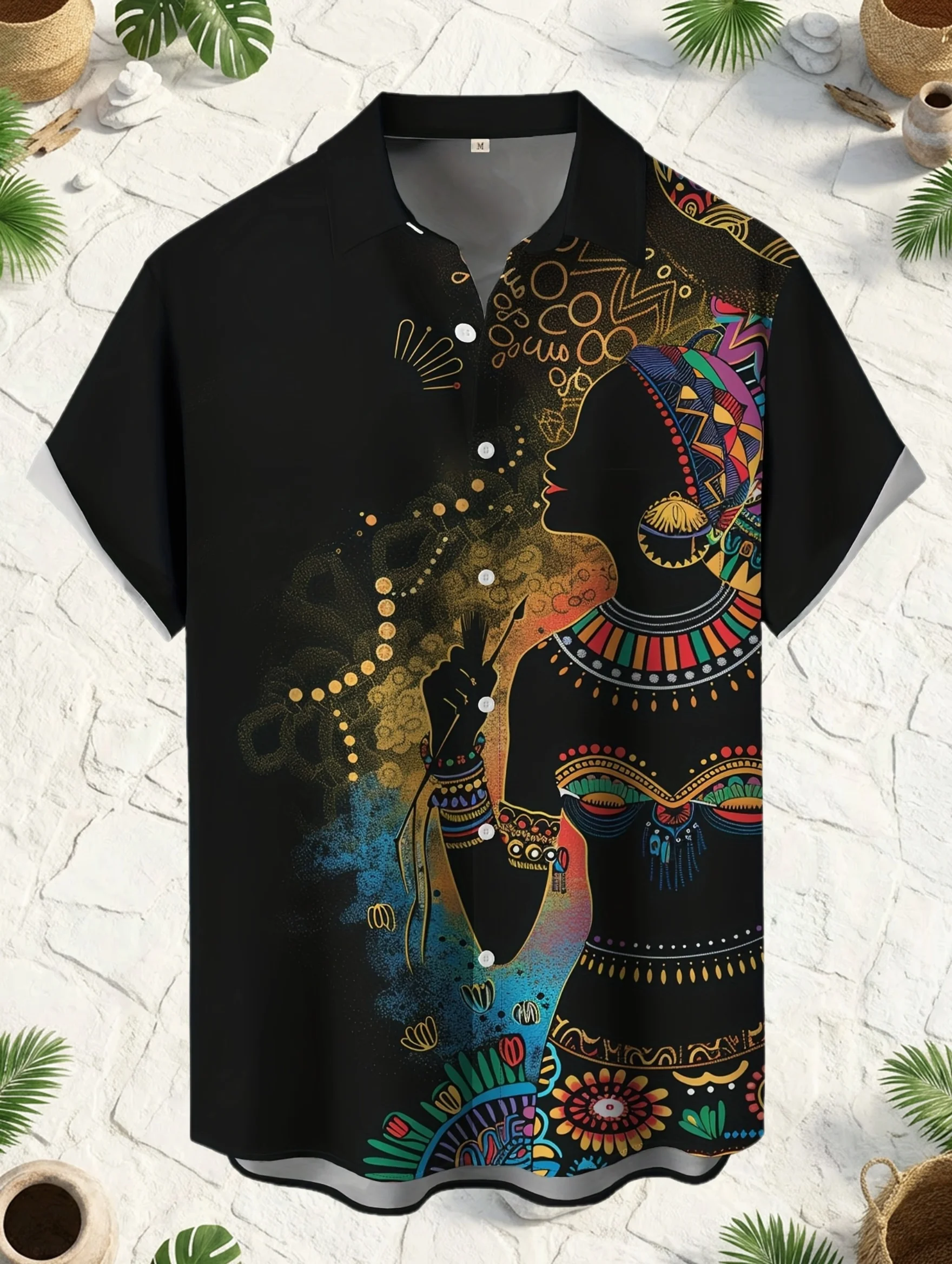 African Culture Men Shirts Black Colorful Tribal Silhouette Golden Geometric Ornament Print Loose Casual Short Sleeve Lapel Tops