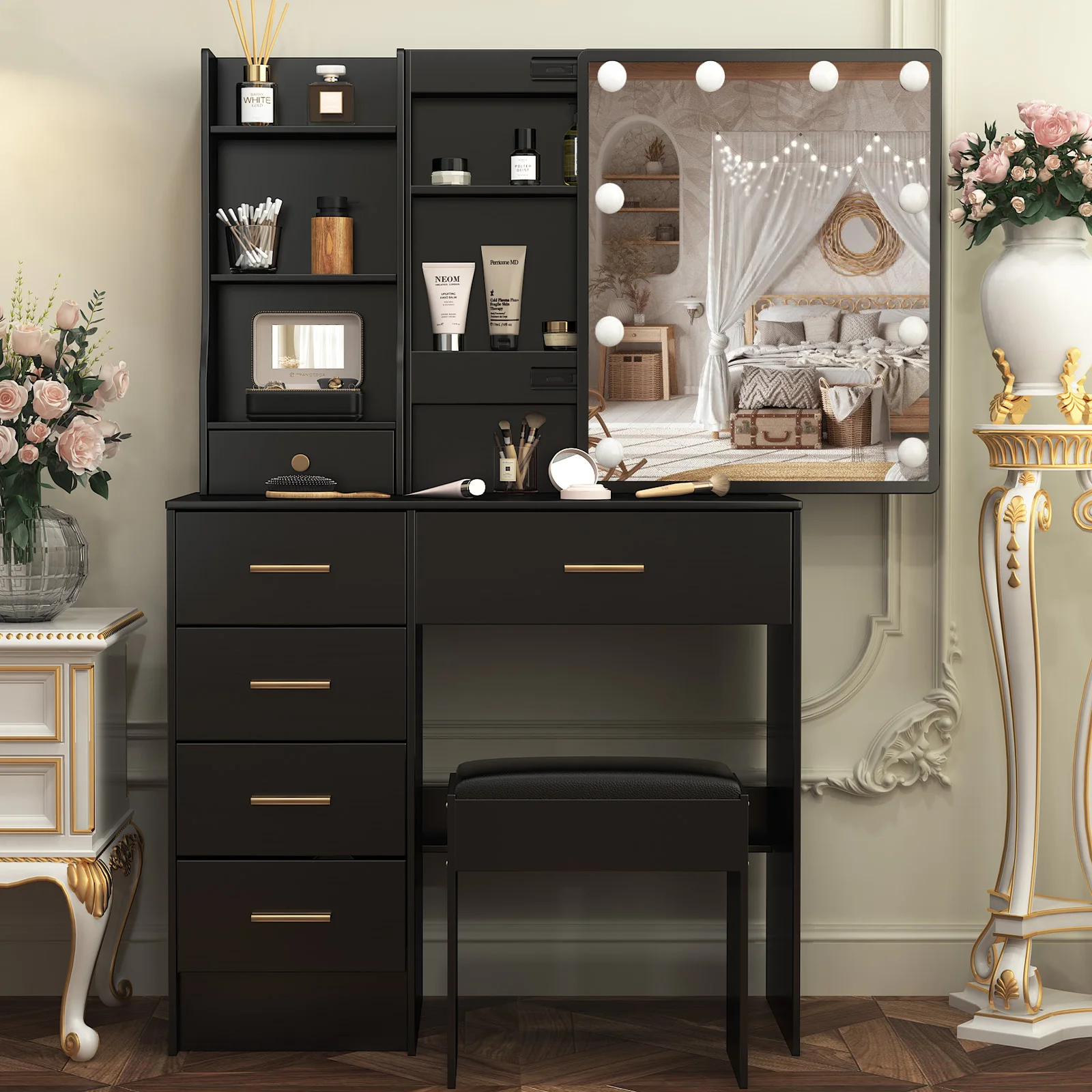 【صفقات 11.11، عروض الجمعة السوداء 2025】طاولة زينة سوداء مع مرآة وأضواء LED ومقعد وطاولة تزيين مكونة من 6 أدراج