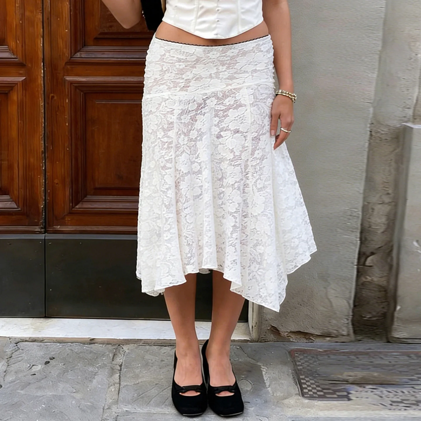 

Новая модная белая кружевная асимметричная юбка с низкой талией, прозрачная, средней и длинной длины, для женщин