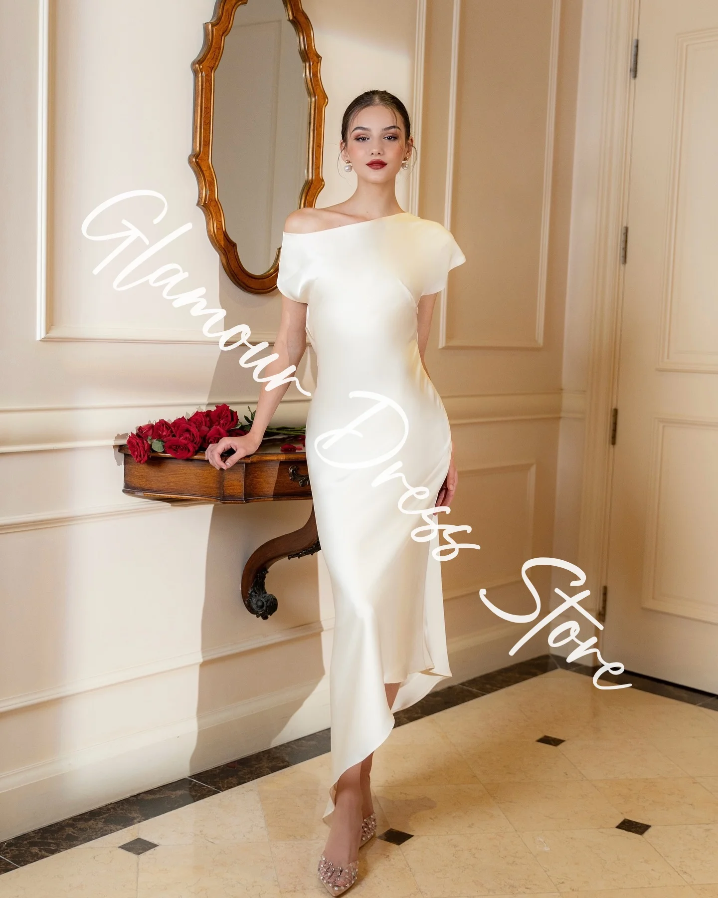 Customized Temperament Satin Straight One Shoulder Evening Dresses Short Sleeves Panel Train Backless Homecoming Dres