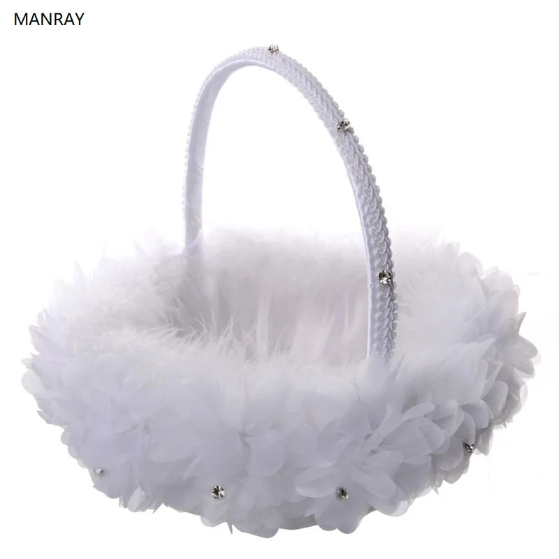 MANRAY Flower Girl Baskets The Fabric Lace Decoration Cute Handle Flower Girl Basket White Flower Basket for Wedding Decoration