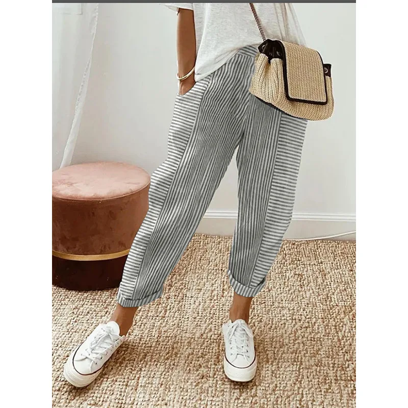 Summer Women's Cropped Pants With Woven Jacquard Stripes And Patchwork Design Loose Casual Pants For Women