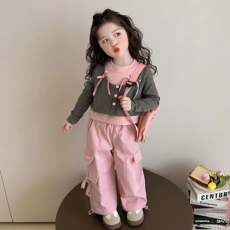 Girls' Spring and Autumn Set Children's New Fashionable Fake Two piece Top Baby Girls' Bow T-shirt+Work Pants Two piece Set