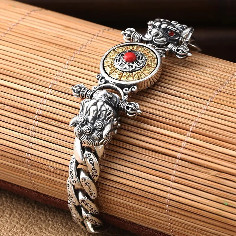 

Hegemonic Six Character True Words Taotie Silver Chain Thai Silver Twelve Zodiac Zodiac Rotating Men's Bracelet s925 Sterling Si