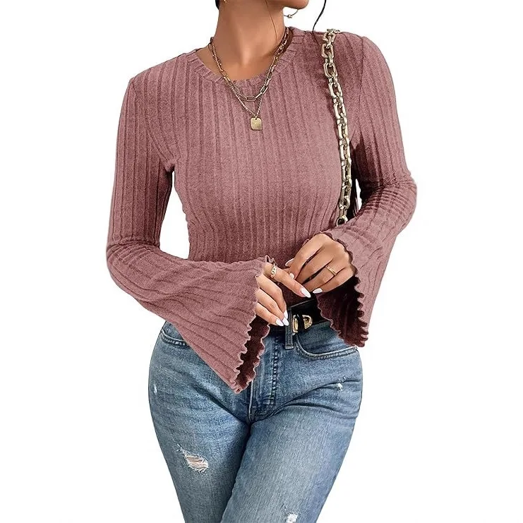

2026 Women's New Round Neck Casual Temperament Elegant Quality Versatile Slimming Fashion Trend Hot Bell Sleeve Women's Tops