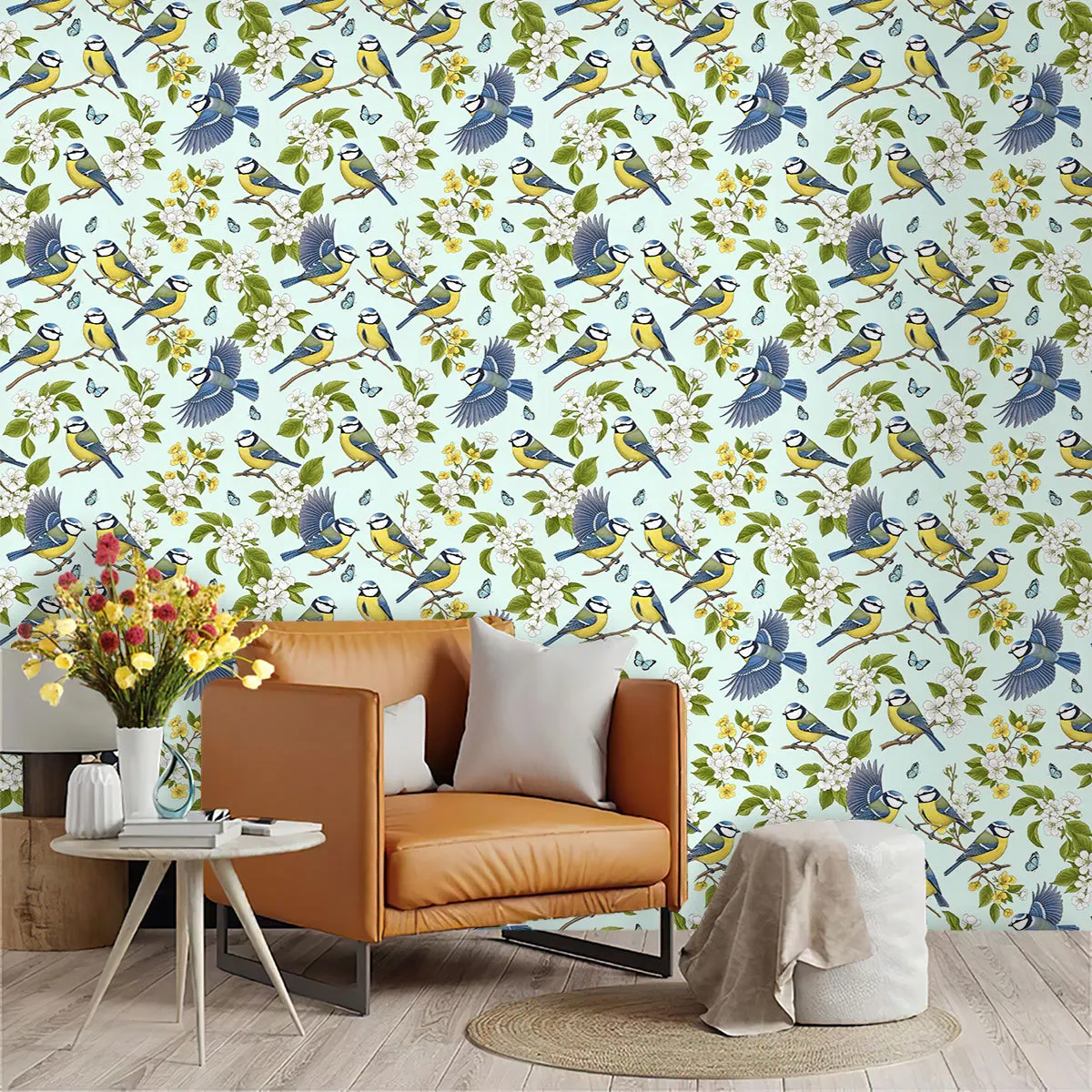 

Blue Tit Bird & Blossom Floral Self Adhesive Wallpaper Waterproof Peel Stick Butterfly Wall Mural for Living Room Bedroom Home