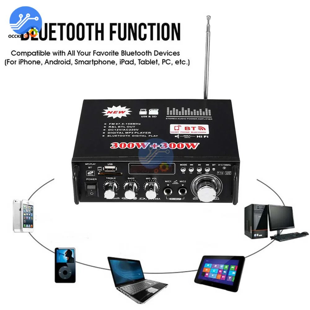 Amplifier Bluetooth 600W 300W + 300W 2CH HIFI Audio Stereo Power AMP USB FM Radio Home Theater Mobil dengan Remote Control