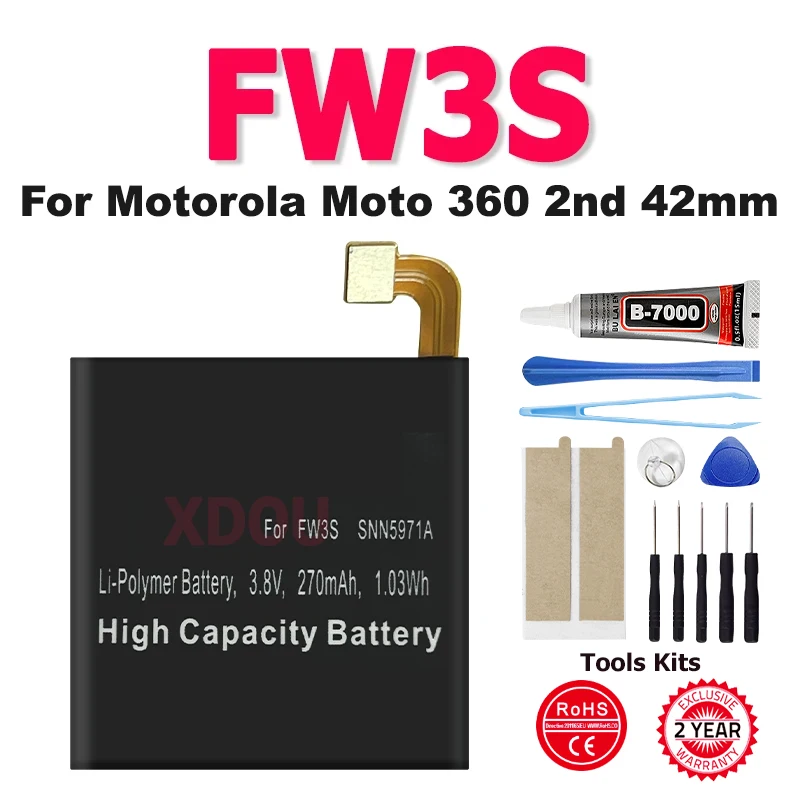 Battery  New FW3S 360 Sport 360SP For Motorola Moto 360 2nd Gen 2015 42mm 270mAh Smart Watch 360S+ Free Tools