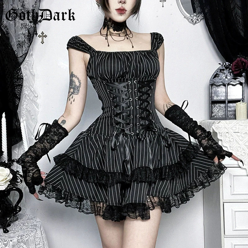 Goth Dark Lolita Outfits Cyber Y2K Gestreifte Bandage-Minikleider Süße Spitzenbesatz-Kuchenkleider Gothic-Trägerkleider Partykleider