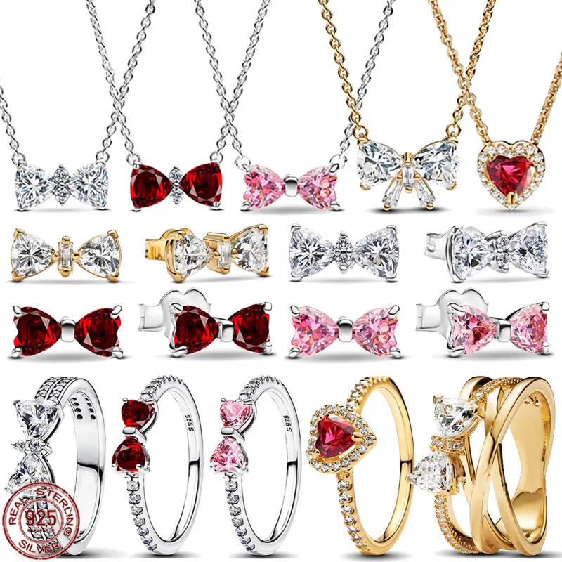 925 prata esterlina novo clássico brilhante arco em forma de coração anel brinco colar charme de luxo jóias femininas surpresa presente de aniversário