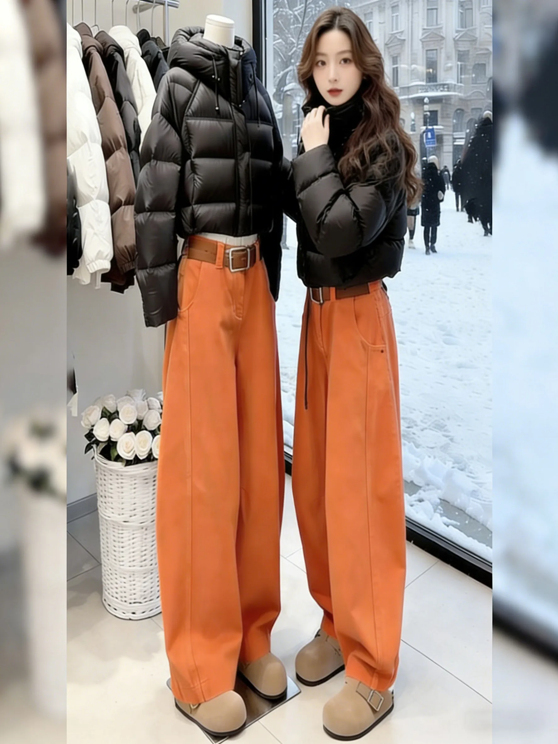 

Женские джинсы Orange Knife Thiened Fce с высокой талией, прямые, повседневные, больших размеров, утягивающие брюки для осени