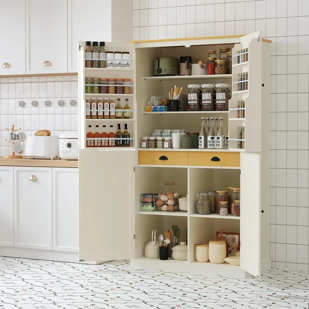 Cabinet, Freestanding Sideboard with 2 Adjustable Shelves and 8 Door Shelves with Drawers for Kitchen, Kitchen Sideboard