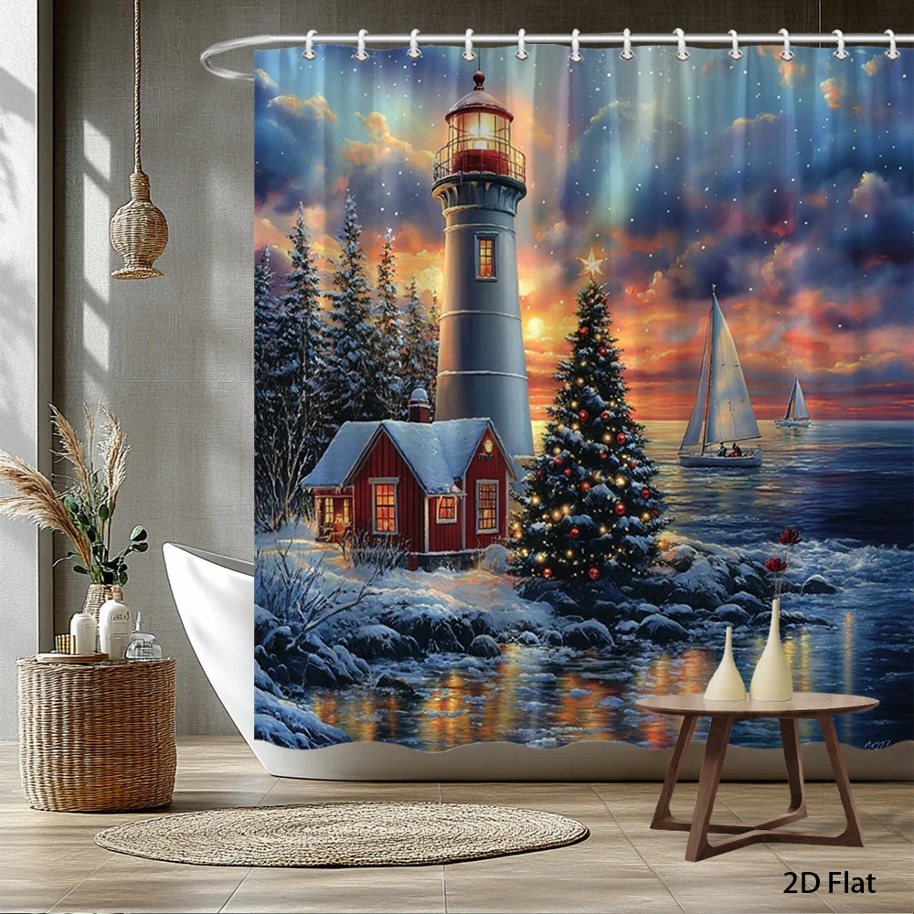 Waterproof Shower Curtain Lighthouse Coastal Winter Holiday Scene Ocean Sunset Bathroom Decoration Polyester Curtain Home Decor