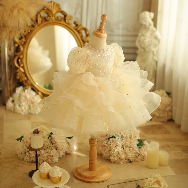 Girls Princess Children Wedding Gown flower girls Champagne Sequin pearls Beading Kids Dresses baby  Birthday Party Dress ﻿