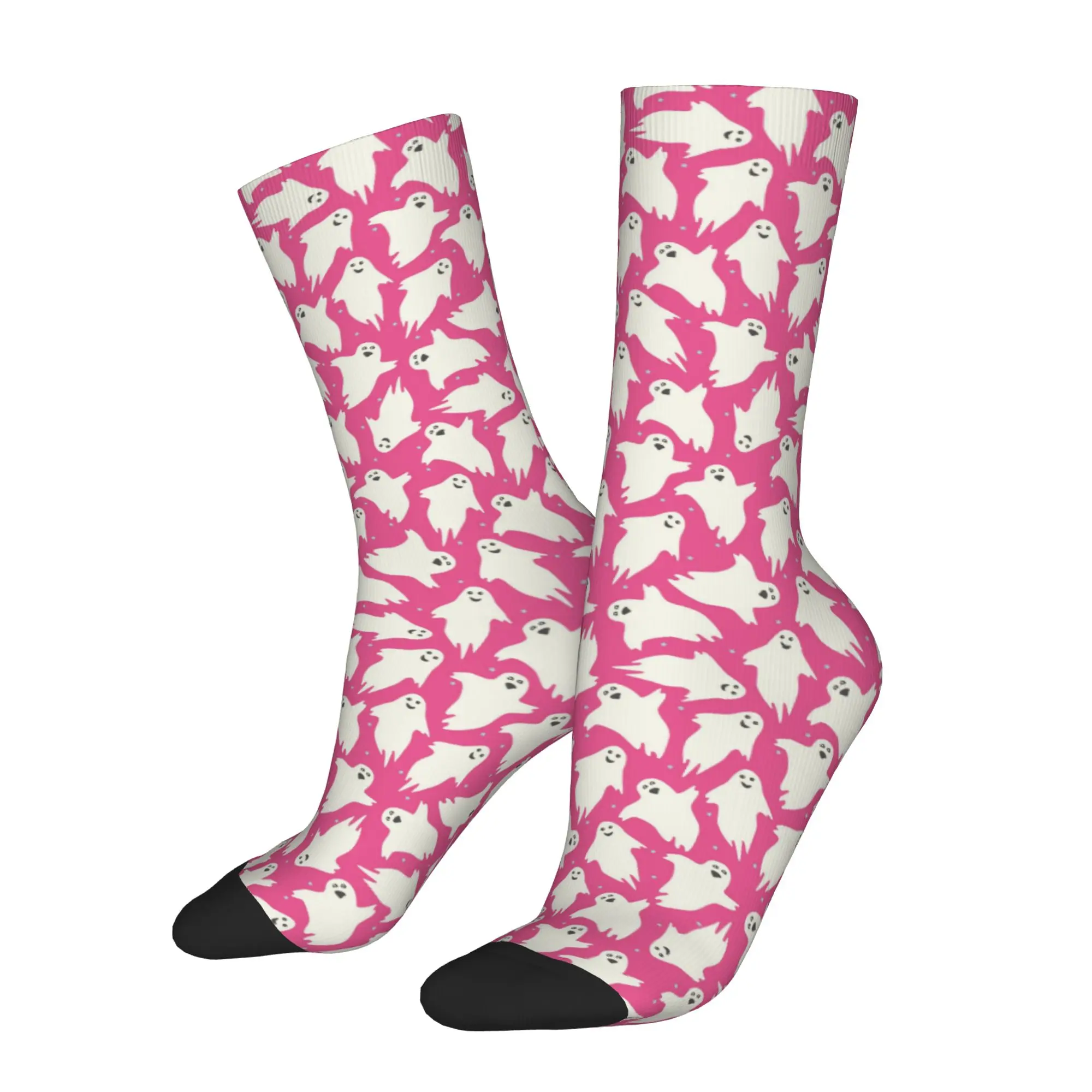 Retro Pink Ghosts Spooky Pattern Basketball Socks Halloween Polyester Long Socks for Unisex Breathable