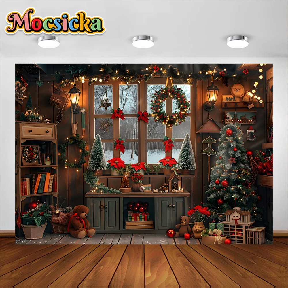 Christmas Photography Backdrops Cute Bears Gift Xmas Tree Fireplace Children Family Portrait Photo Background Studio Props