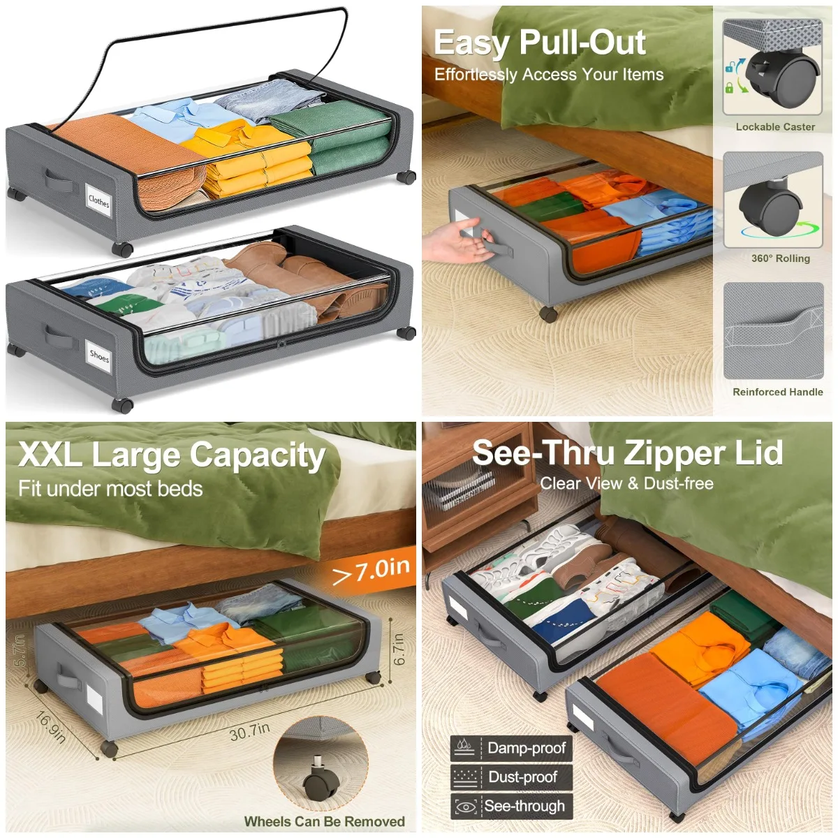 

XXL Хранение под кроватью с колесиками — вращающиеся контейнеры для обуви и одежды, металлические ящики, легко выдвижные, серые, 2 шт.