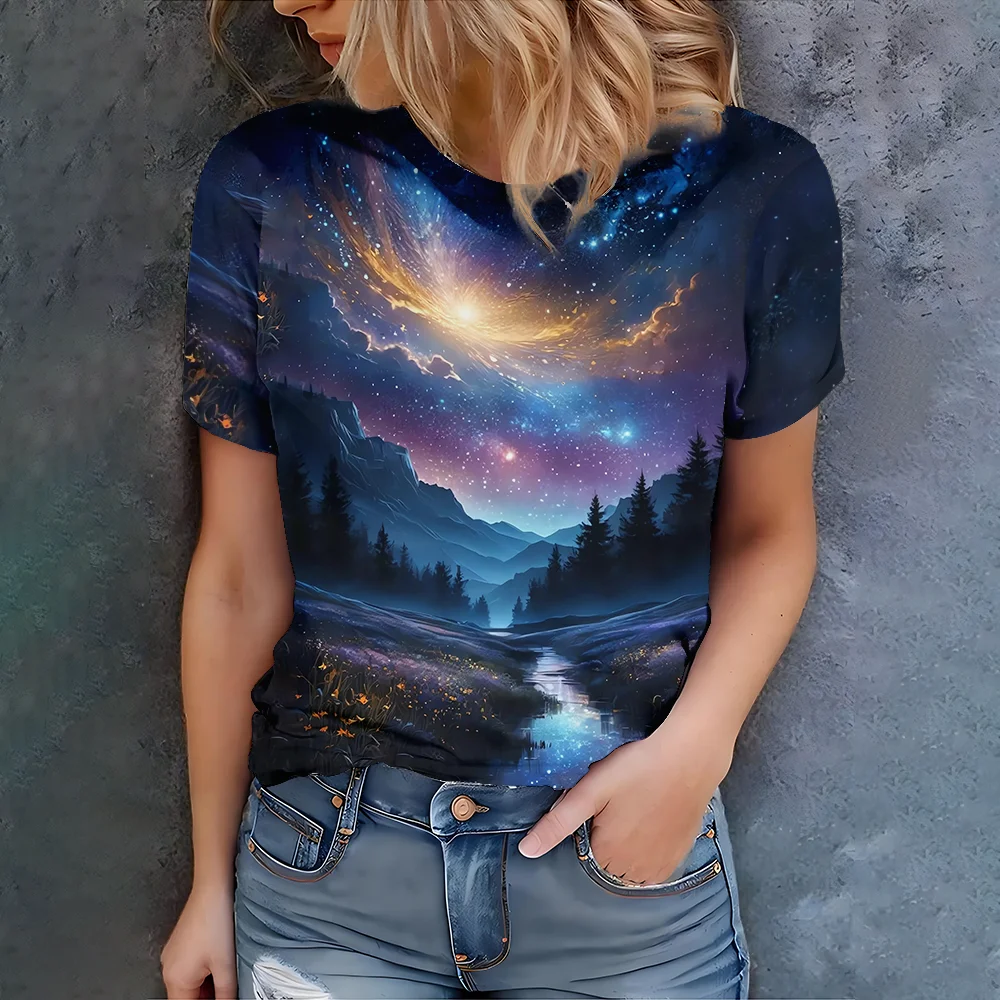 

Women's Universe Galaxy Printed Short Sleeve T-shirt-Deep Blue Night Sky Mountain 3D Art Leisure Summer Round Neck Short Sleeve