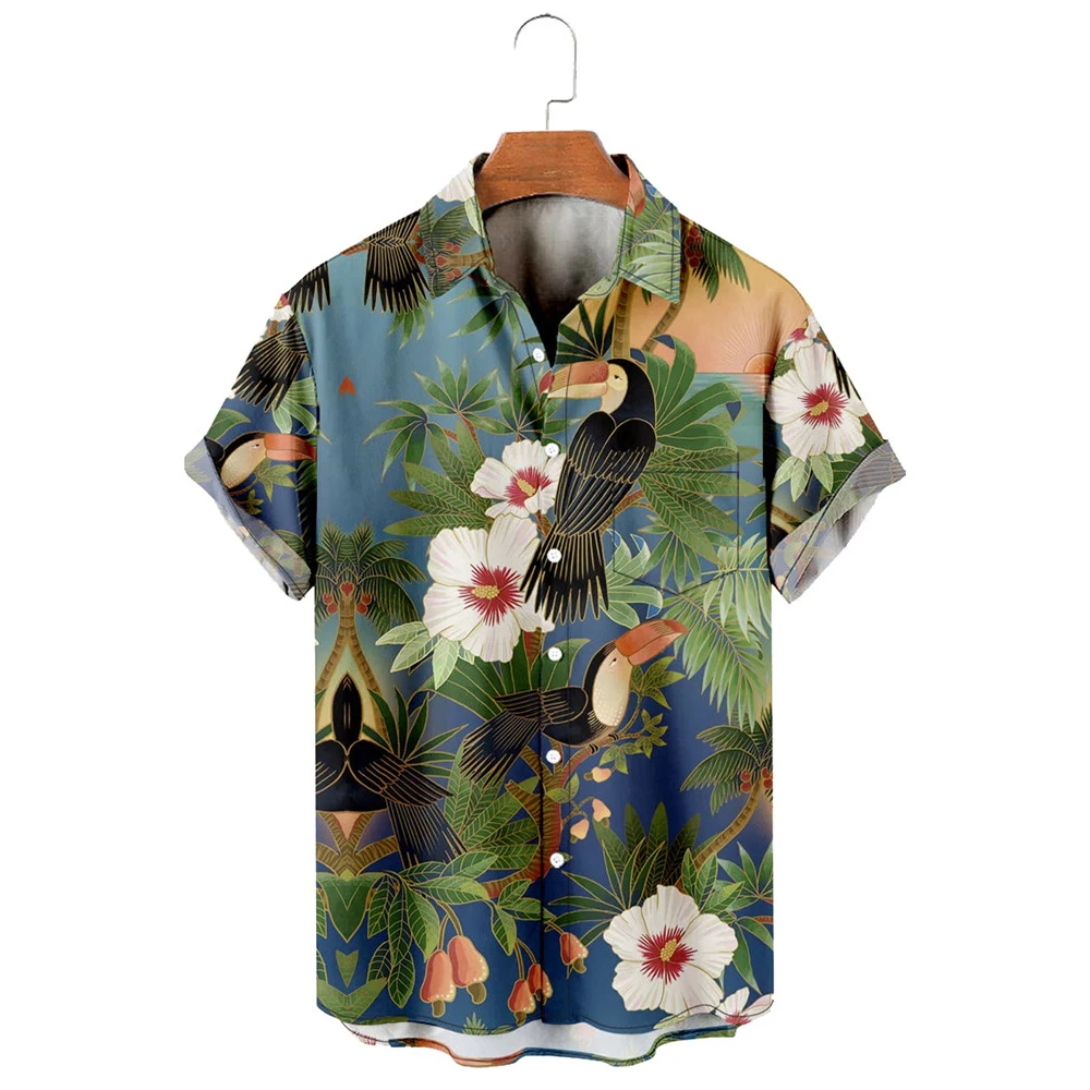 

HX Hawaiian Shirts Polynesia Plant Leaf Bird Short Sleeve Men Shirt 3D Graphic Beach Tops Ropa Hombre Men Clothing