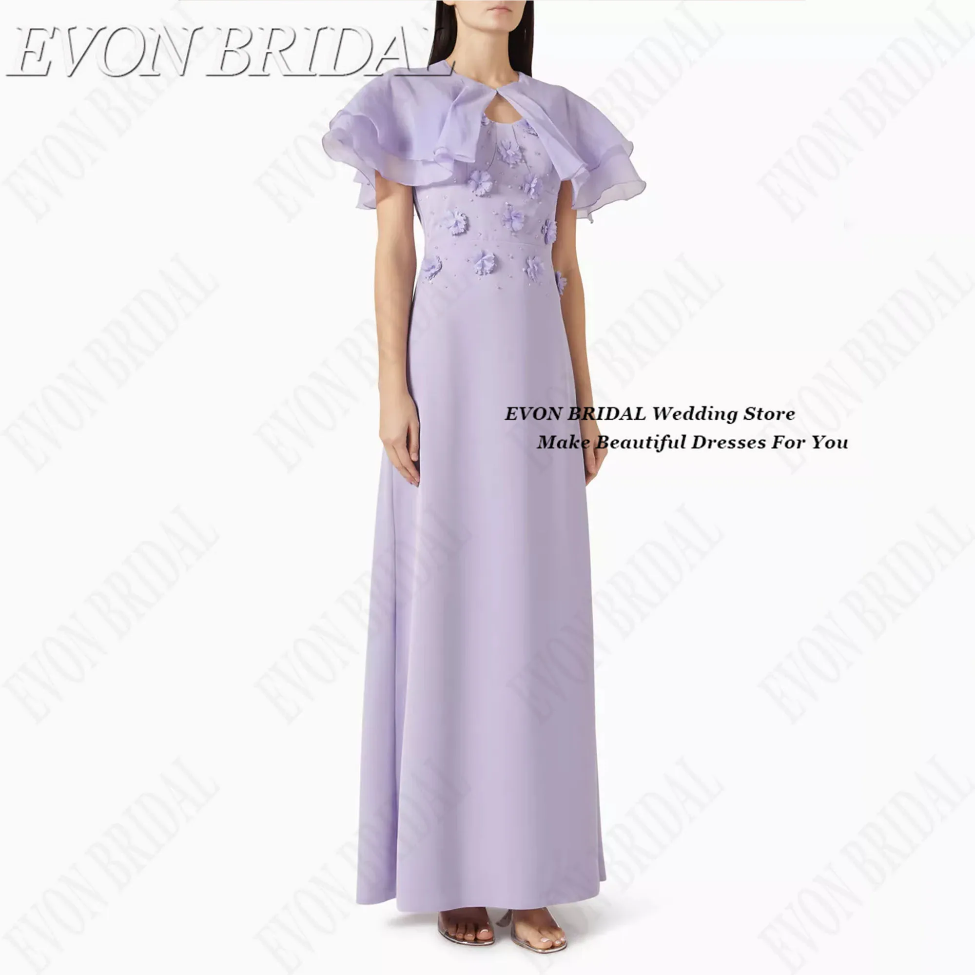 

Lilac Arabian Evening Dress with Cape A Line Flowers Beading Wedding Guest Dresses Customized Elegant Party Gown EVON BRIDAL