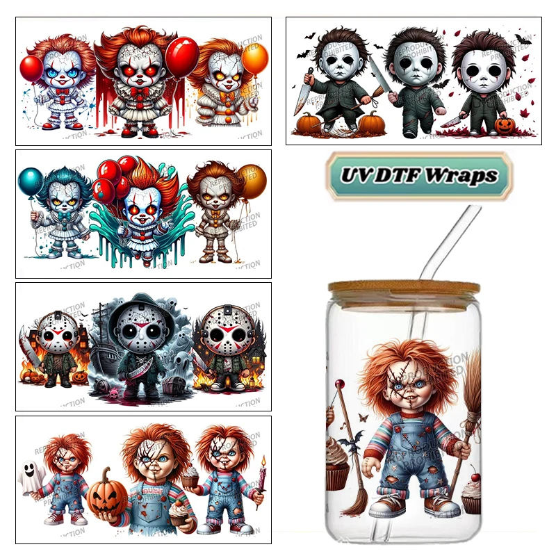 Halloween Chibi Horror Doll Series UV DTF Wraps Pumpkin Bat Balloon Waterproof Decals for 16oz Libbey Glass Cans
