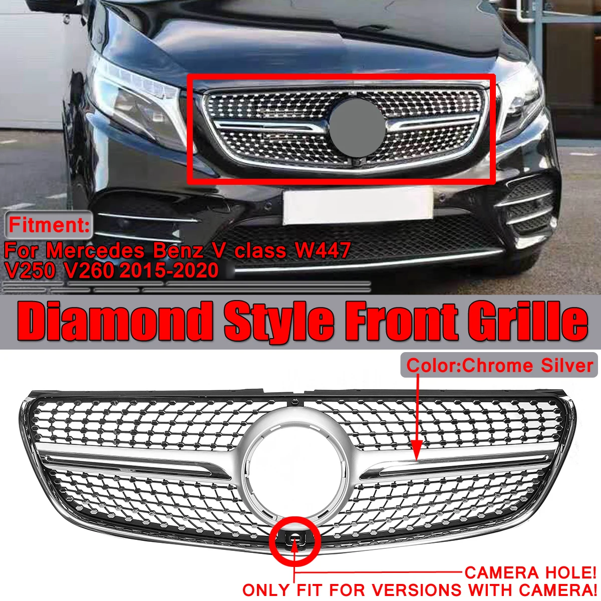 W447 Damond Grill Mesh Car Front Bumper Grille Grill For Mercedes For Benz V Class W447 V250 V260 2015-2020 With Camera ABS