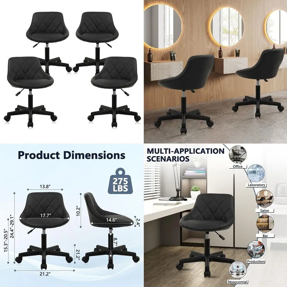 Low Back Rolling Stool PU Leather Vanity Stools, Adjustable Height Ergonomic Swivel Rolling Desk Stool Work Drafting Swivel Cha
