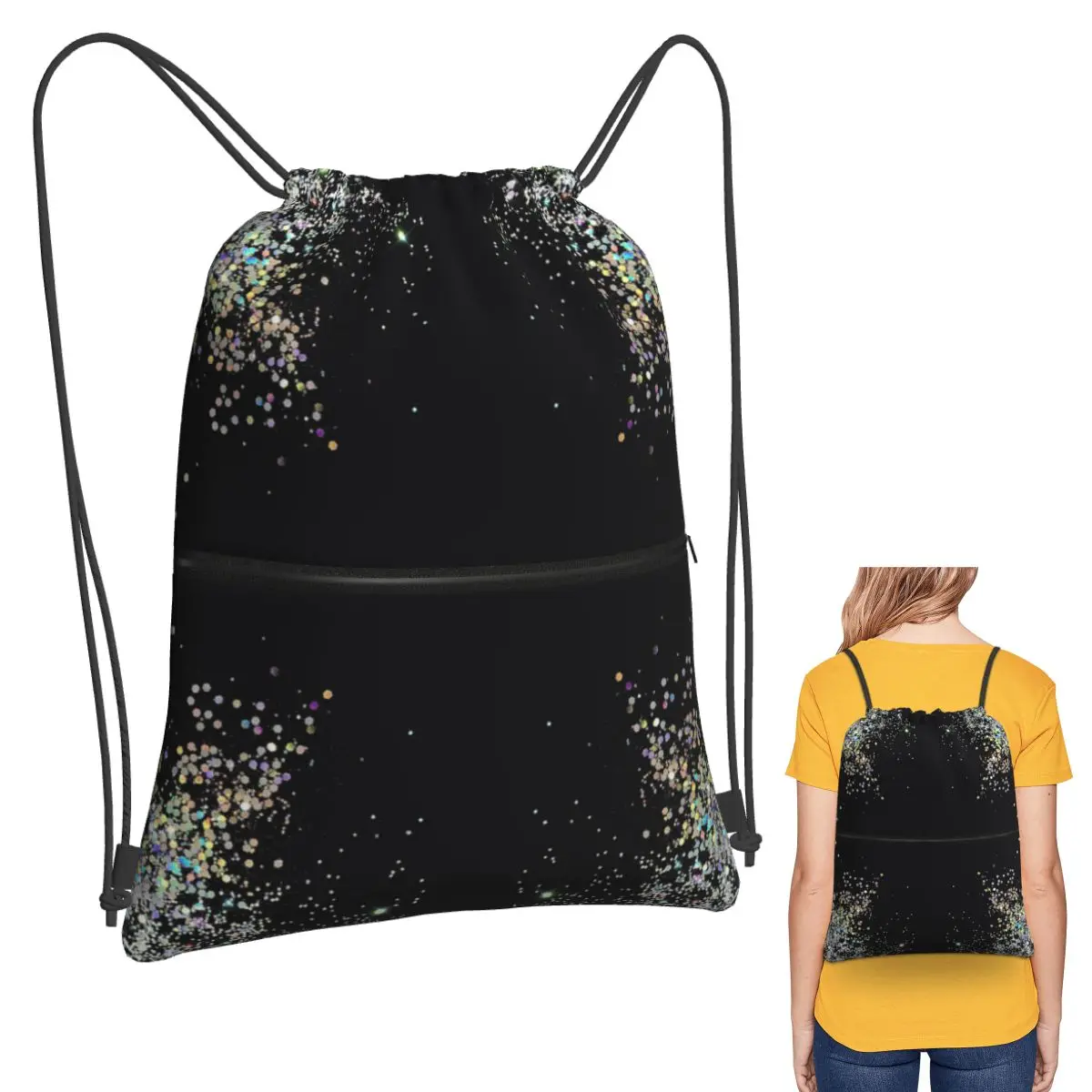 

Black And Holographic Sparkle Backpacks Casual Portable Drawstring Bundle Pocket Storage Bag Book Bags For Travel School