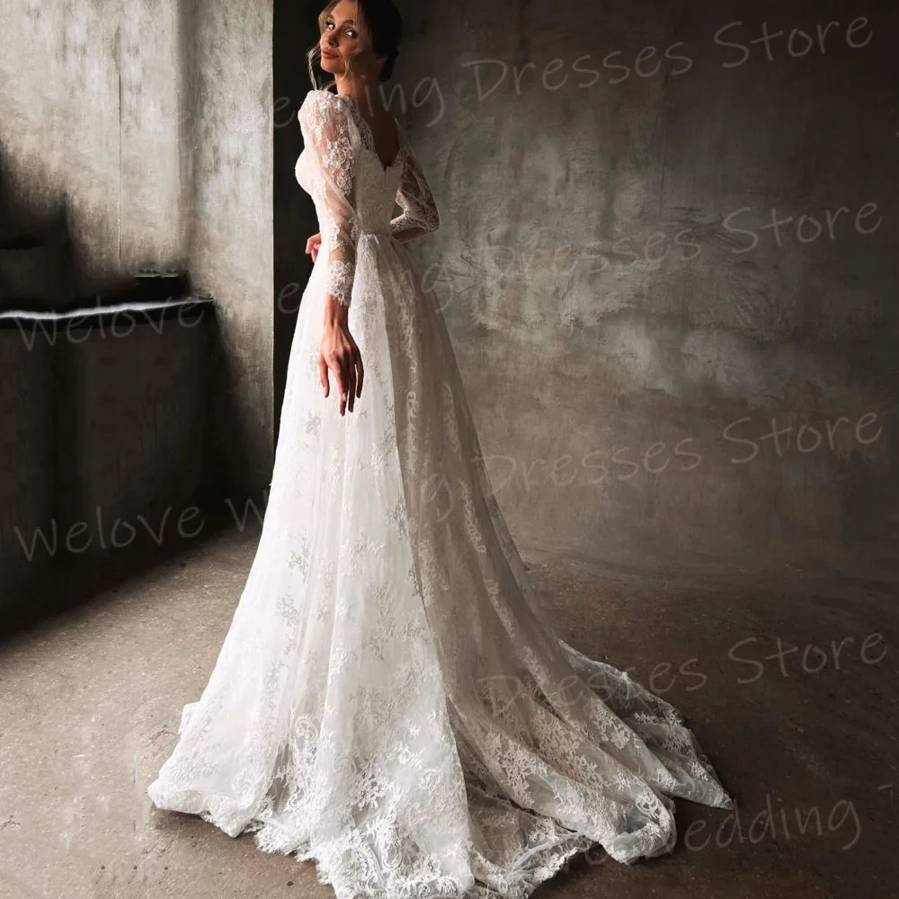 فساتين زفاف نسائية فاخرة على شكل حرف A على شكل قلب وأكمام طويلة مخصصة فساتين العروس مزينة بالدانتيل فيستدوس دي نوفيا بودا #3