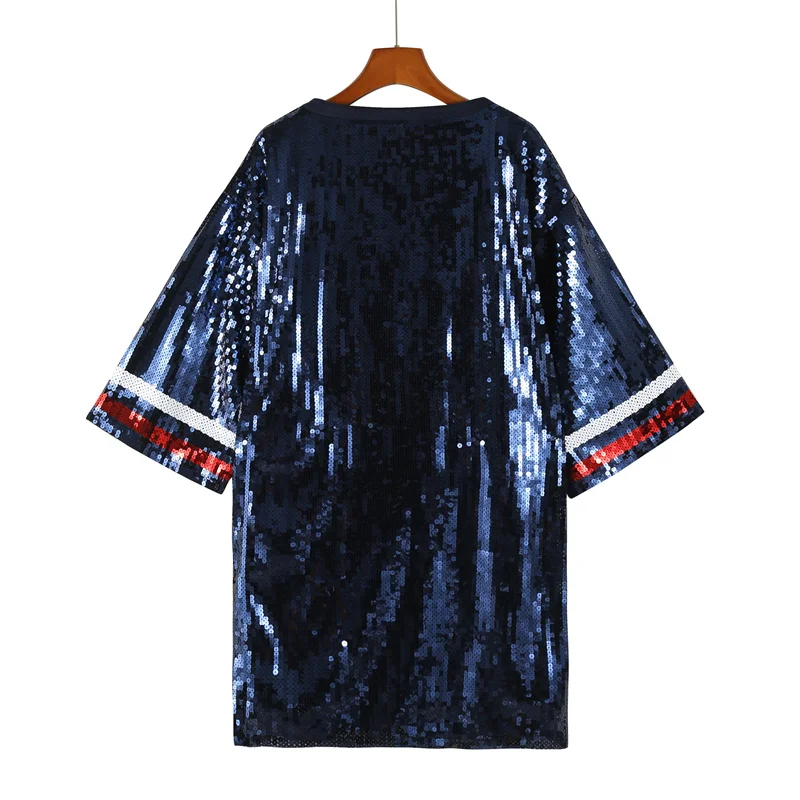 Summer New Fashion Streetwear Sequins Loose Letter Striped Short Sleeve Women's Wear Round Neck Straight Hip Hop T-Shirt