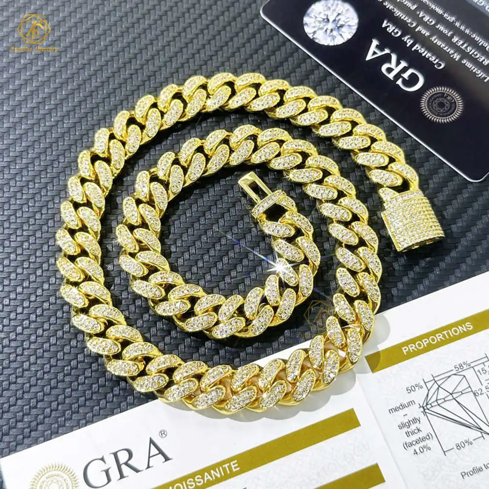 Hip Hop Jewelry Customization Cuban De 10mm 10k 14k 18k Gold Mossinate Diamond Cuban Chain 2 Row Stone Miami Cuban Link Chain