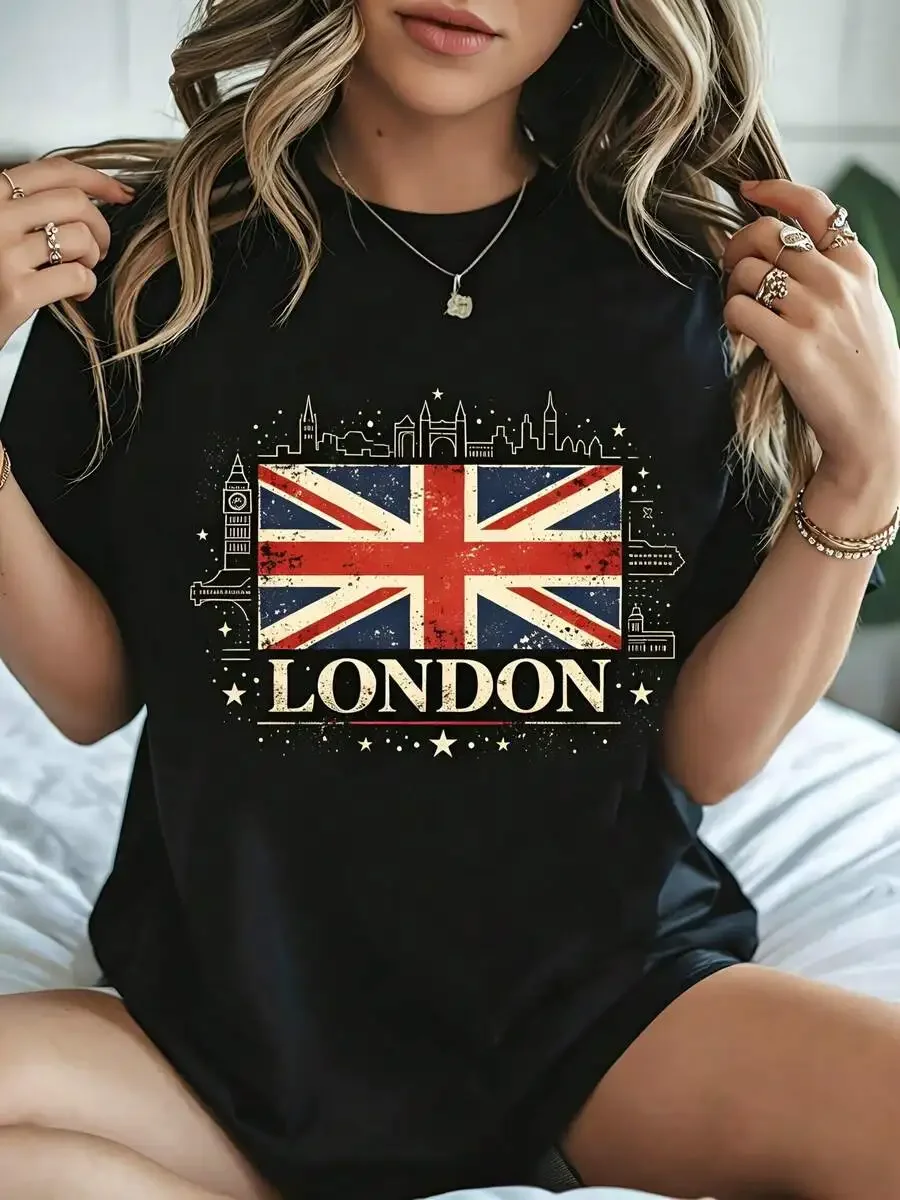 2026 Fashion New Arrival Women Crew Neck Short Sleeve T Shirt Vintage London Union Jack Flag Graphic Tee Summer Casual Daily Top Travel Lover Gift Ladies Casual Tops Basic Tee